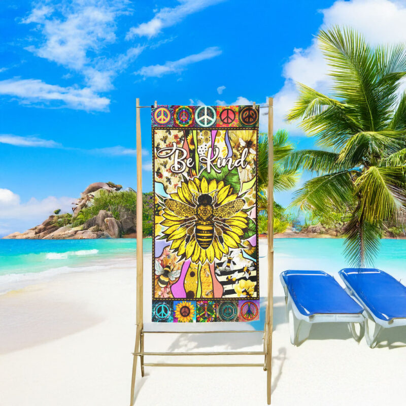 Hippie Be Kind, Bee Sunflower Peace Sign Beach Towel