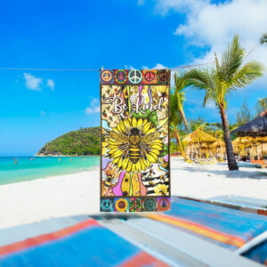 Hippie Be Kind, Bee Sunflower Peace Sign Beach Towel