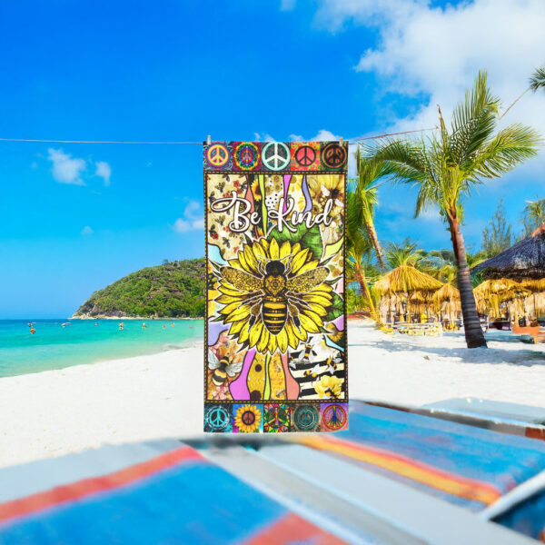 Hippie Be Kind, Bee Sunflower Peace Sign Beach Towel
