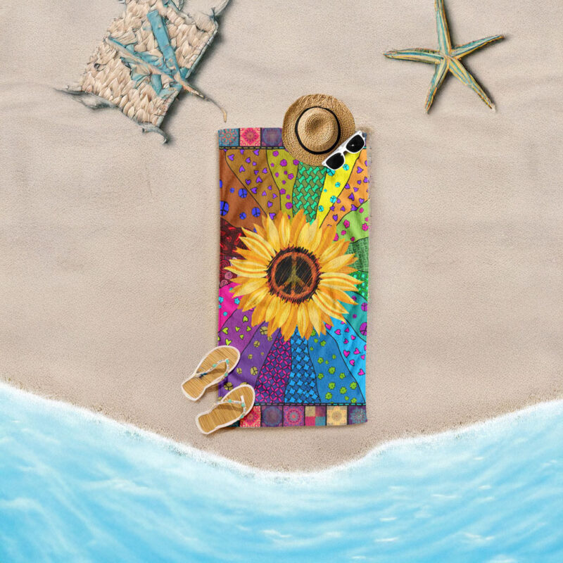 Hippie Peace Sign Sunflower Beach Towel