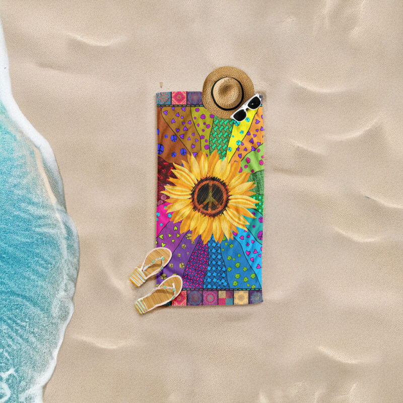 Hippie Peace Sign Sunflower Beach Towel