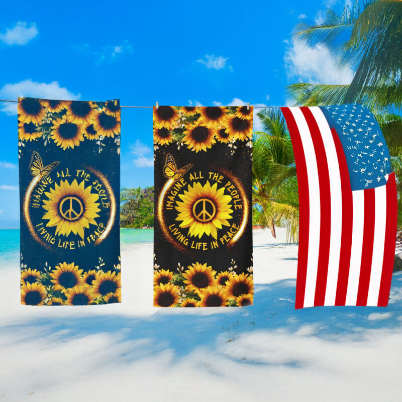 Hippie Sunflower. Imagine All The People Living Life In Peace Beach Towel