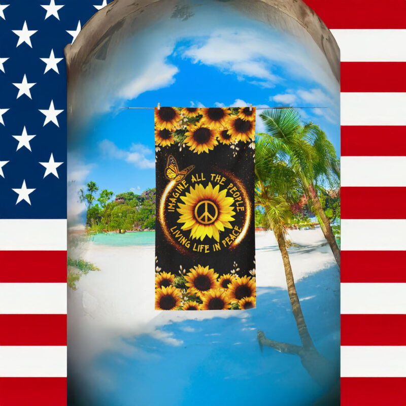 Hippie Sunflower. Imagine All The People Living Life In Peace Beach Towel