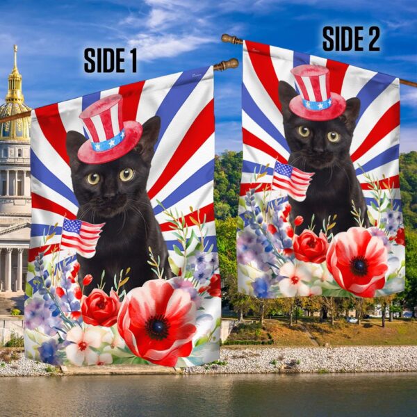 Black Cat 4th of July Flag: Patriotic Floral Design TQN1302F - Image 2