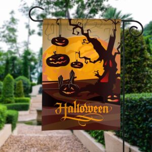 Spooky Halloween Garden Flag: Orange Moon, Pumpkins & Scary Tree