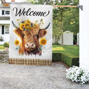 Highland Cow Sunflower Flag: Welcome Guests with Scottish Charm