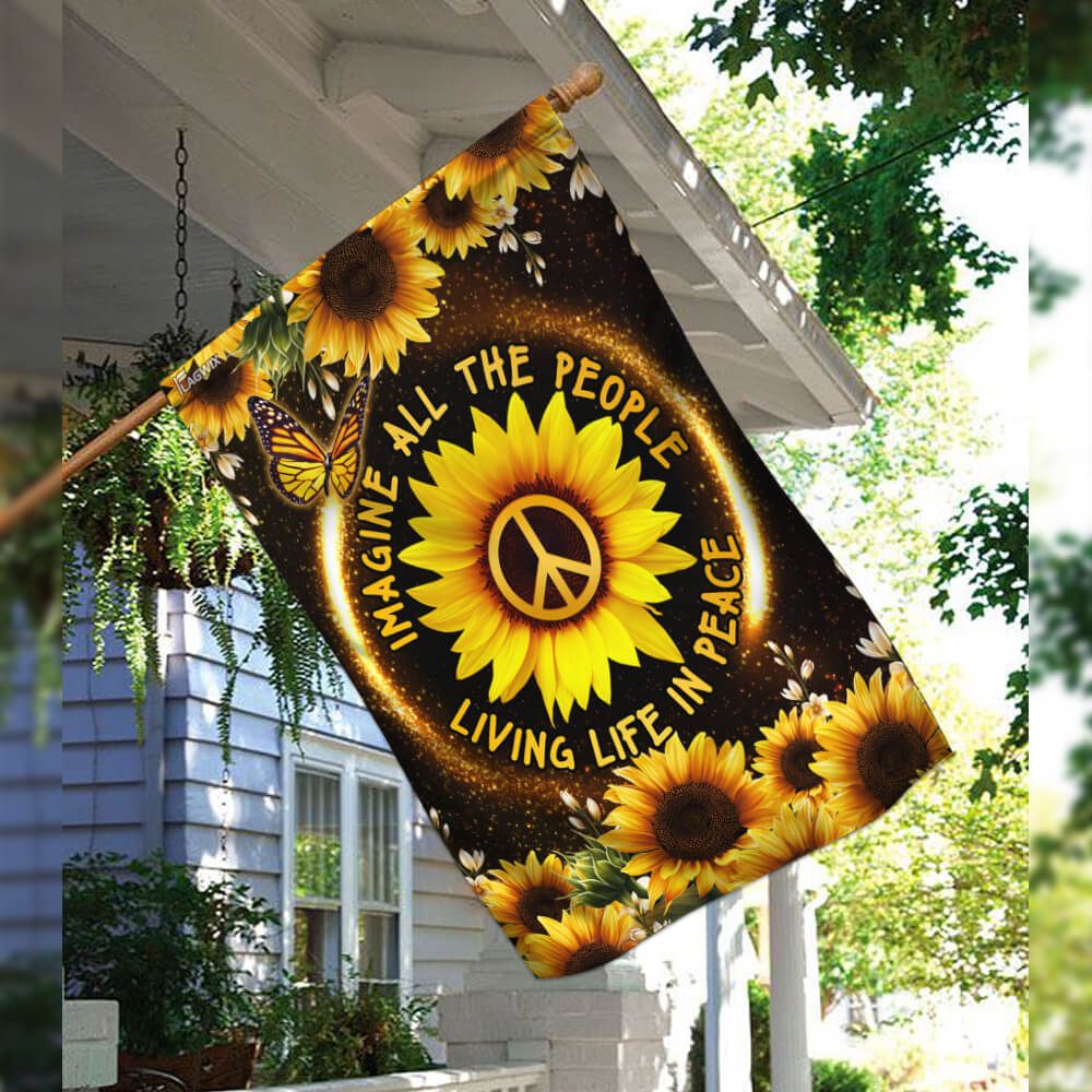 Hippie Sunflower. Imagine All The People Living Life In Peace Flag - Image 3