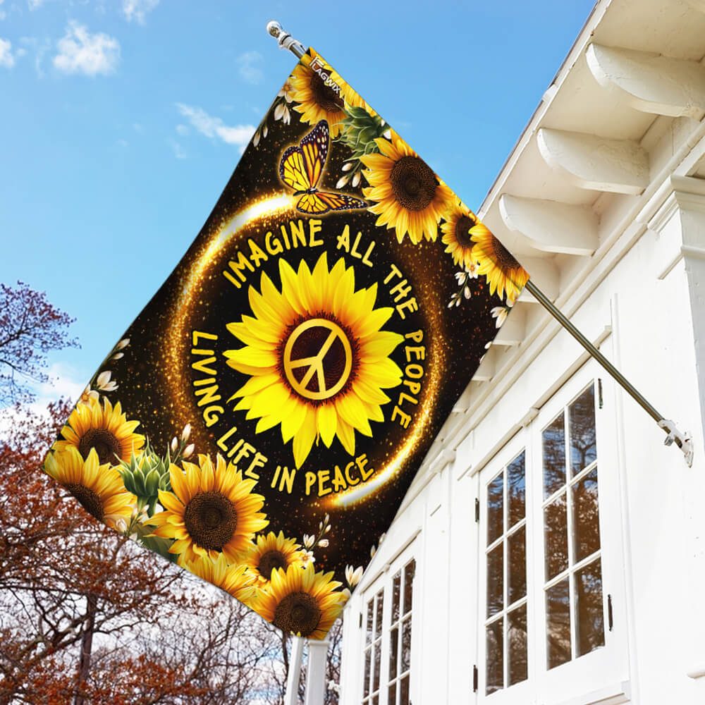 Hippie Sunflower. Imagine All The People Living Life In Peace Flag - Image 2