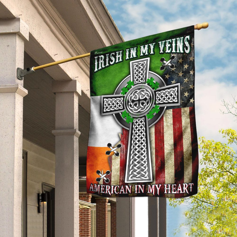 Irish In My Veins, American In My Heart. Celtic Knot Cross Flag THN2076F3