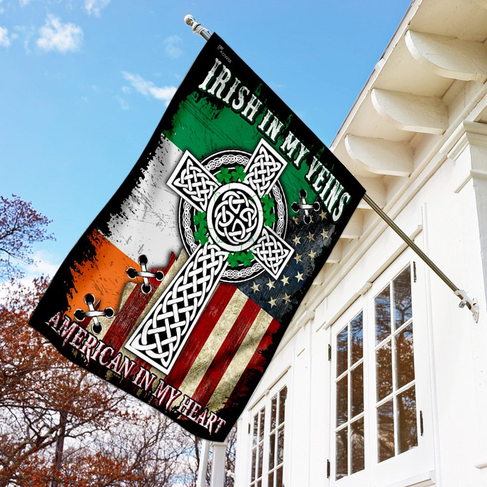 Irish In My Veins, American In My Heart. Celtic Knot Cross Flag THN2076F - Image 2