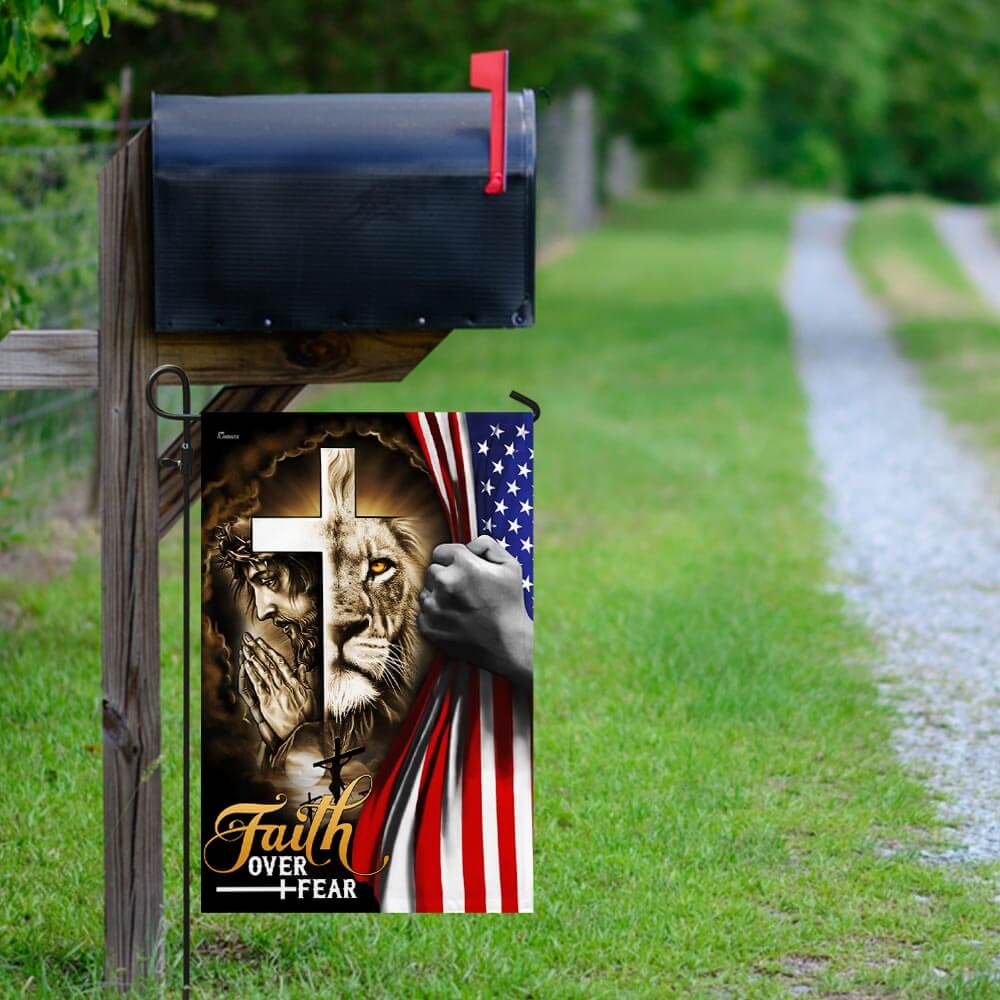 Faith Over Fear: Jesus & Lion Christian Cross American Flag T-Shirt - Image 9