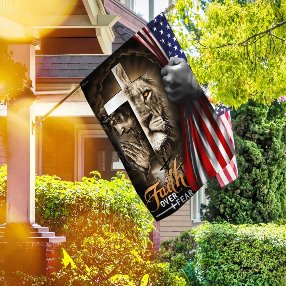 Faith Over Fear: Jesus & Lion Christian Cross American Flag T-Shirt - Image 2
