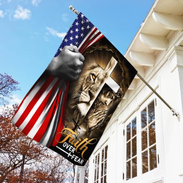 Faith Over Fear: Jesus & Lion Christian Cross American Flag T-Shirt - Image 3