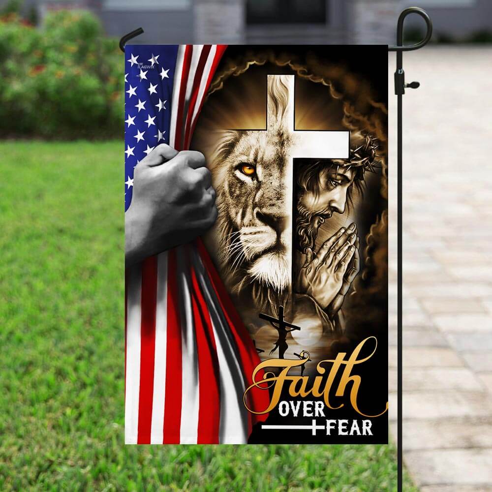 Faith Over Fear: Jesus & Lion Christian Cross American Flag T-Shirt - Image 6