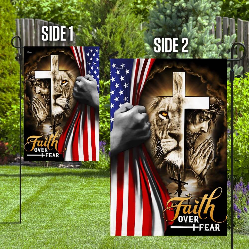 Faith Over Fear: Jesus & Lion Christian Cross American Flag T-Shirt - Image 8