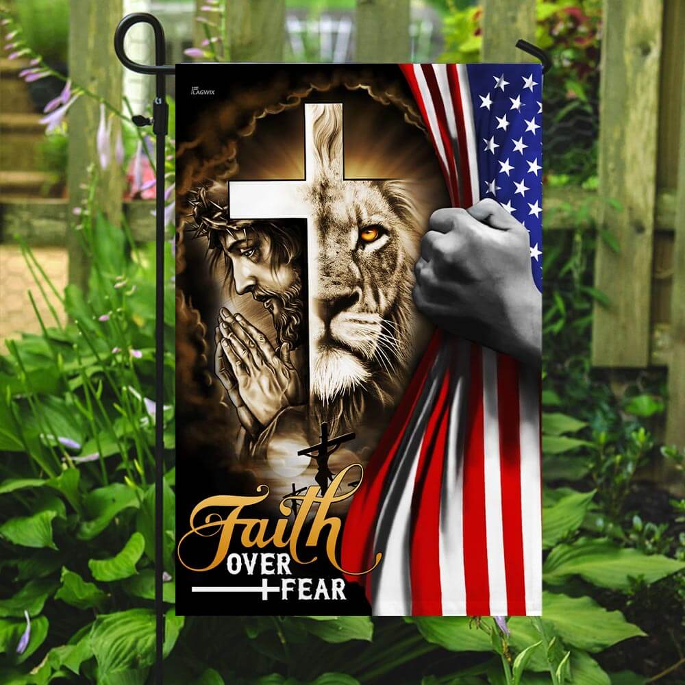 Faith Over Fear: Jesus & Lion Christian Cross American Flag T-Shirt - Image 7