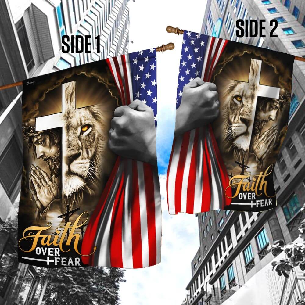Faith Over Fear: Jesus & Lion Christian Cross American Flag T-Shirt - Image 4