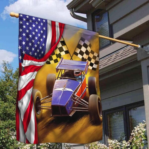 American Flag Sprint Car Dirt Track Racing T-Shirt - Image 2