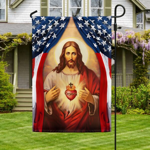 Sacred Heart of Jesus American Flag T-Shirt - TQN1299F - Image 3